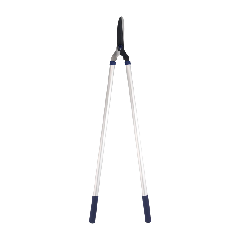Long-handled lawn shears featuring 9-inch hardened carbon steel blades with rust-resistant coating, designed for comfortable garden and lawncare tasks, ideal for farm and garden use.
