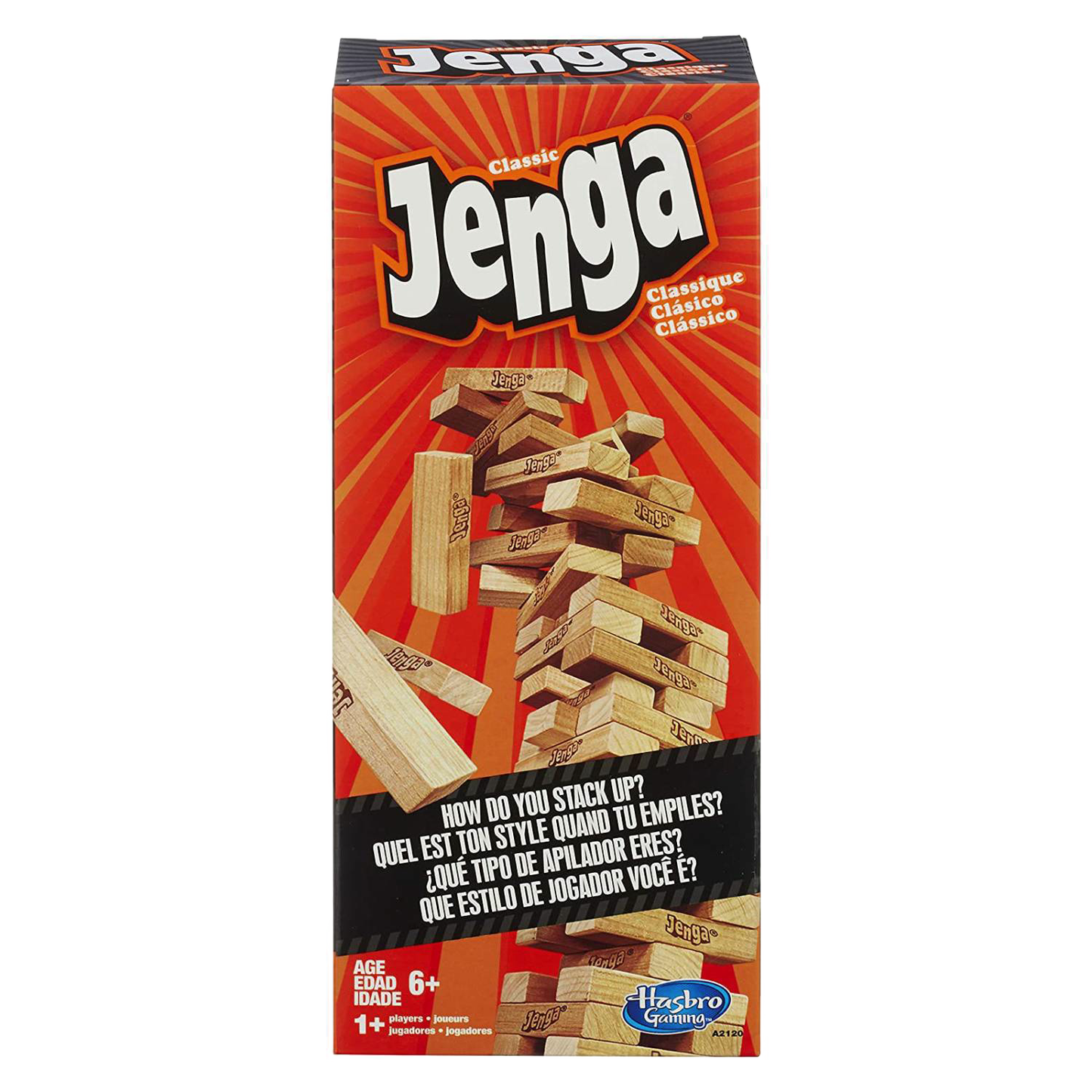 Brightly colored box of the classic wooden block stacking game encouraging skill and strategy, featured in Toys, Children's Toys, Games and Puzzles, Table and Board Games, and Best Sellers collections.