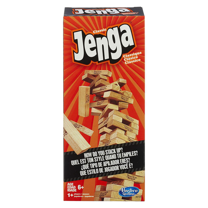 Brightly colored box of the classic wooden block stacking game encouraging skill and strategy, featured in Toys, Children's Toys, Games and Puzzles, Table and Board Games, and Best Sellers collections.