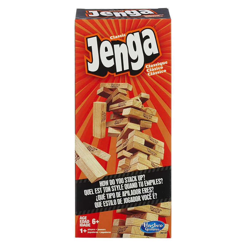 Brightly colored box of the classic wooden block stacking game encouraging skill and strategy, featured in Toys, Children's Toys, Games and Puzzles, Table and Board Games, and Best Sellers collections.