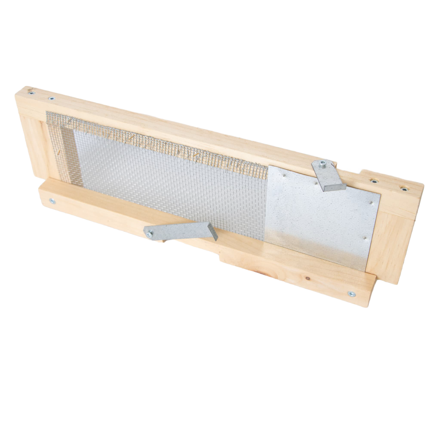 Handcrafted robbing screen for beehives made in the USA with Amish craftsmanship, featuring metal latches and mesh screen, designed for controlling hive entrances and protecting colonies.