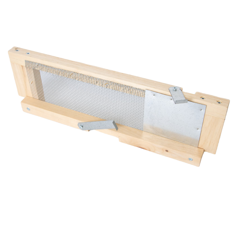 Handcrafted robbing screen for beehives made in the USA with Amish craftsmanship, featuring metal latches and mesh screen, designed for controlling hive entrances and protecting colonies.