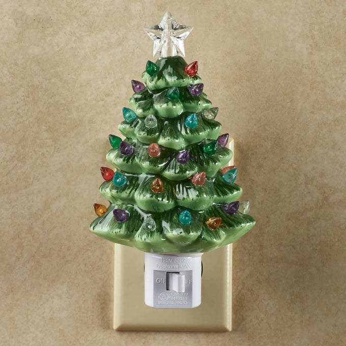 Handcrafted vintage-style ceramic Christmas tree nightlight with colorful bulbs in purple, pink, green, red, yellow, blue, and clear, topped with a clear star, perfect for Home & Decor, Holiday Decor, Best Sellers, and Promo Eligible collections.