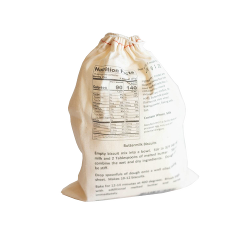Handcrafted natural cotton sack featuring nutrition facts and baking instructions for exclusive biscuit mix, ideal for Kitchen & Food, Pantry, Dry Goods and Best Sellers collections.
