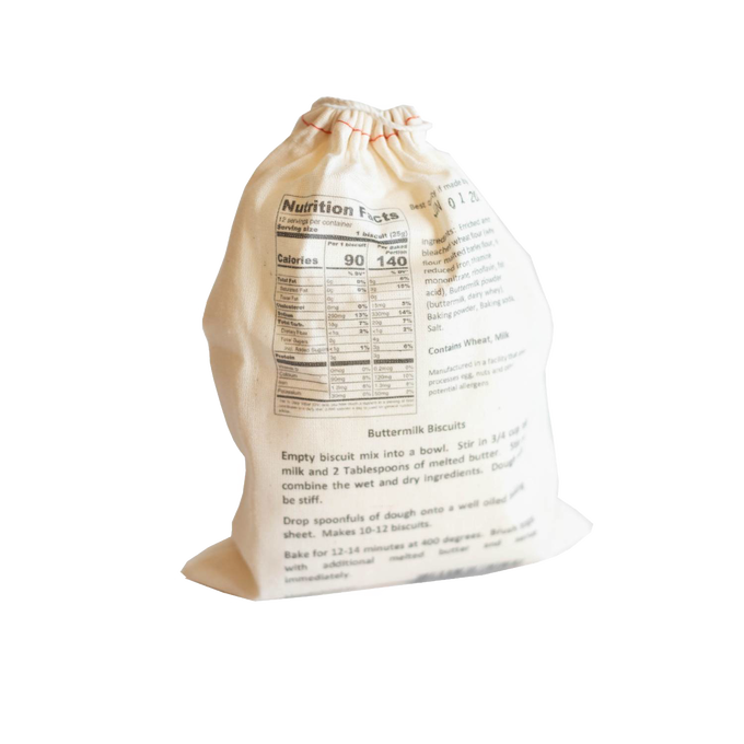 Handcrafted natural cotton sack featuring nutrition facts and baking instructions for exclusive biscuit mix, ideal for Kitchen & Food, Pantry, Dry Goods and Best Sellers collections.