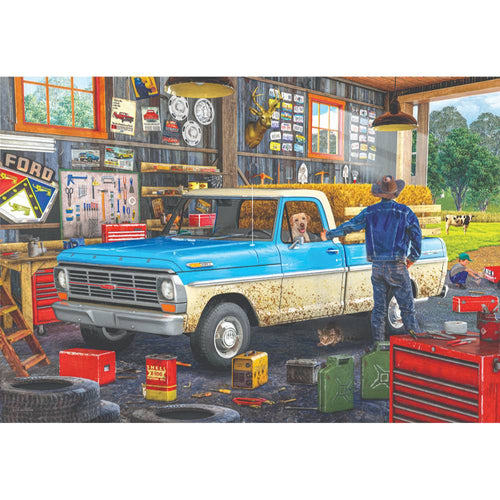 Colorful illustration of a rustic garage scene featuring a vintage blue and white pickup truck with a dog inside and a man standing nearby, surrounded by tools, cans, and farm elements, ideal for Toys, Games and Puzzles collections.