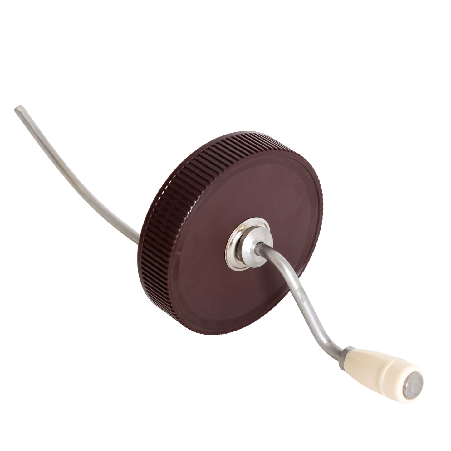Brown plastic old fashioned peanut butter stirrer with molded knob handle and curved metal crank, handcrafted in USA, part of Kitchen Gadgets and Food Prep collections.