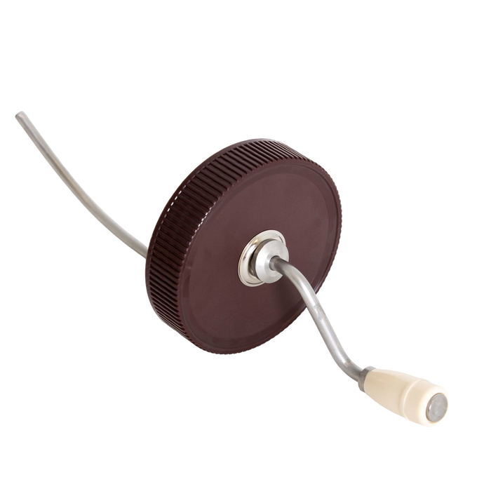 Brown plastic old fashioned peanut butter stirrer with molded knob handle and curved metal crank, handcrafted in USA, part of Kitchen Gadgets and Food Prep collections.