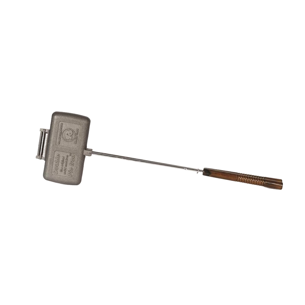 Handcrafted cast iron double sandwich cooker with a long steel handle and wooden grip, designed for easy cleaning and outdoor use in farm, garden, and camping collections.