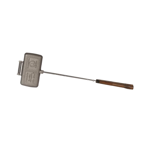 Handcrafted cast iron double sandwich cooker with a long steel handle and wooden grip, designed for easy cleaning and outdoor use in farm, garden, and camping collections.