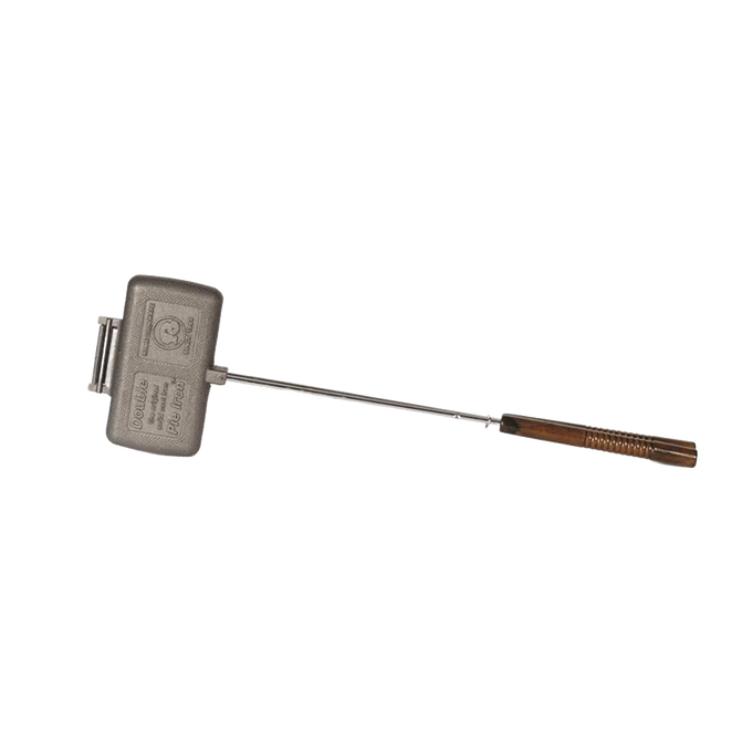 Handcrafted cast iron double sandwich cooker with a long steel handle and wooden grip, designed for easy cleaning and outdoor use in farm, garden, and camping collections.