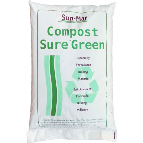 White bag of compost bulking material with green text and recycling symbol, designed for use with composting toilets and featured in appliances and best sellers collections.