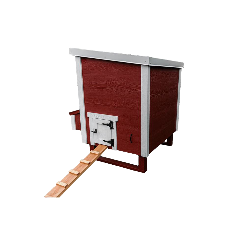 Handcrafted heavy-duty Amish-made chicken coop in red and white with a wooden ramp, secure door, and nesting box, designed for year-round use in Farm, Garden & Tool, Chicken Accessories, USA Made, and Best Sellers collections.