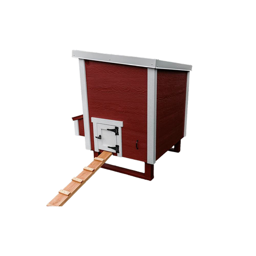 Handcrafted heavy-duty Amish-made chicken coop in red and white with a wooden ramp, secure door, and nesting box, designed for year-round use in Farm, Garden & Tool, Chicken Accessories, USA Made, and Best Sellers collections.