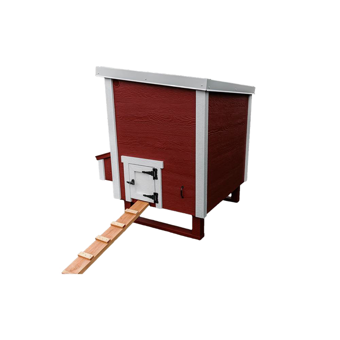 Handcrafted heavy-duty Amish-made chicken coop in red and white with a wooden ramp, secure door, and nesting box, designed for year-round use in Farm, Garden & Tool, Chicken Accessories, USA Made, and Best Sellers collections.