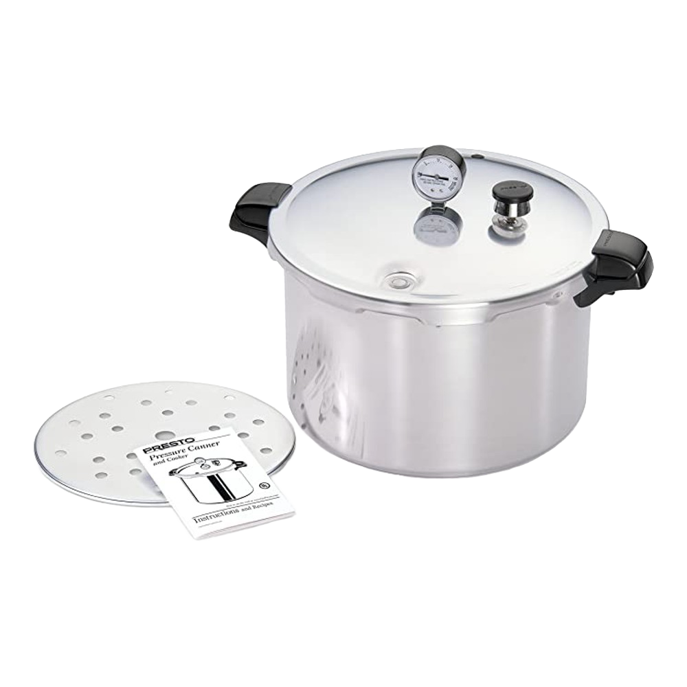 Heavy gauge aluminum pressure canner with secure locking lid, pressure gauge, and rack with holes, designed for food preservation in kitchen, canning, and pressure canner collections.