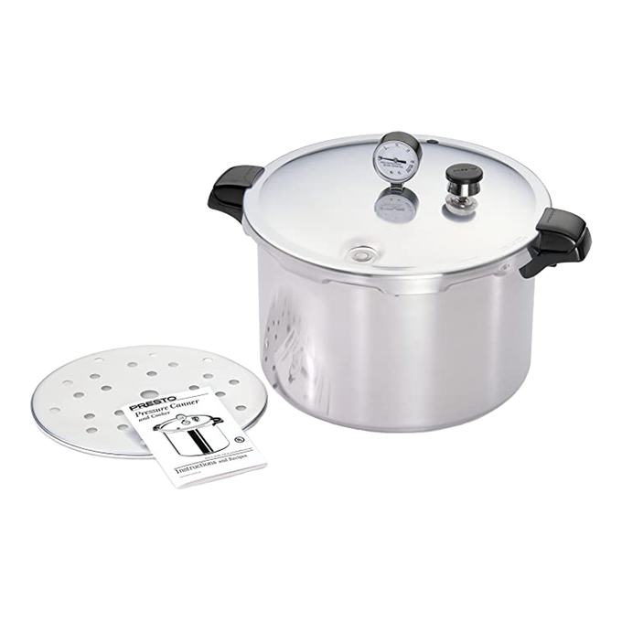 Heavy gauge aluminum pressure canner with secure locking lid, pressure gauge, and rack with holes, designed for food preservation in kitchen, canning, and pressure canner collections.