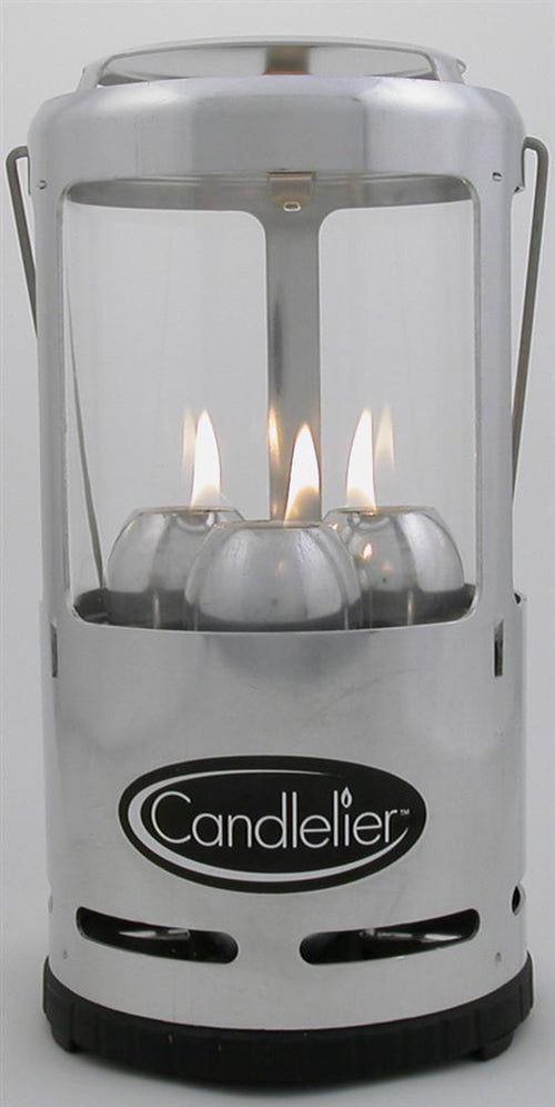 Handcrafted durable candle lantern with three burning candles enclosed in a lightweight metal frame and glass, perfect for camping, emergency supplies, and outdoor lighting.