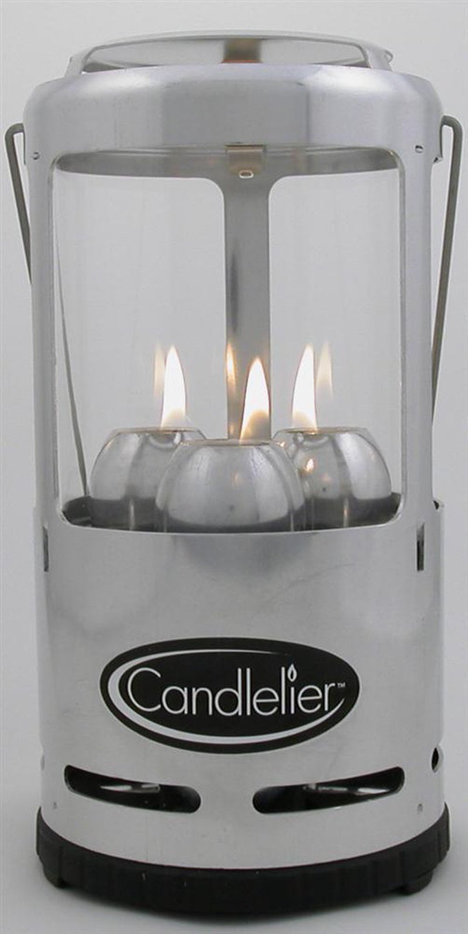 Handcrafted durable candle lantern with three burning candles enclosed in a lightweight metal frame and glass, perfect for camping, emergency supplies, and outdoor lighting.