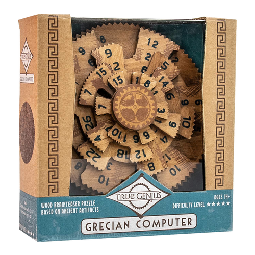 Handcrafted wooden puzzle featuring interlocking numbered gears inspired by ancient design, challenging advanced puzzlers, part of Toys, Games and Puzzles, and Best Sellers collections.