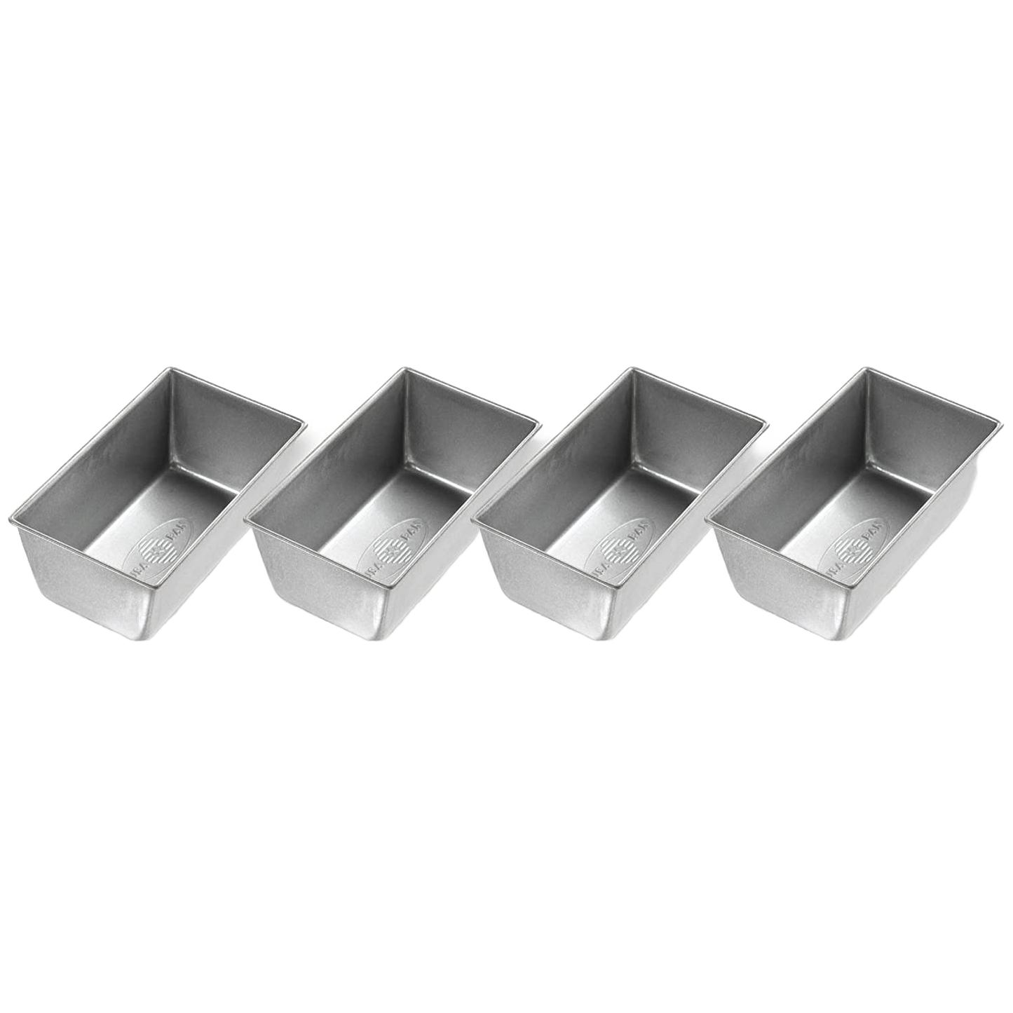 Set of four commercial-grade mini loaf pans with Americoat finish for even baking and quick release, handcrafted in the USA, featured in Kitchen & Food and Baking Supplies collections.