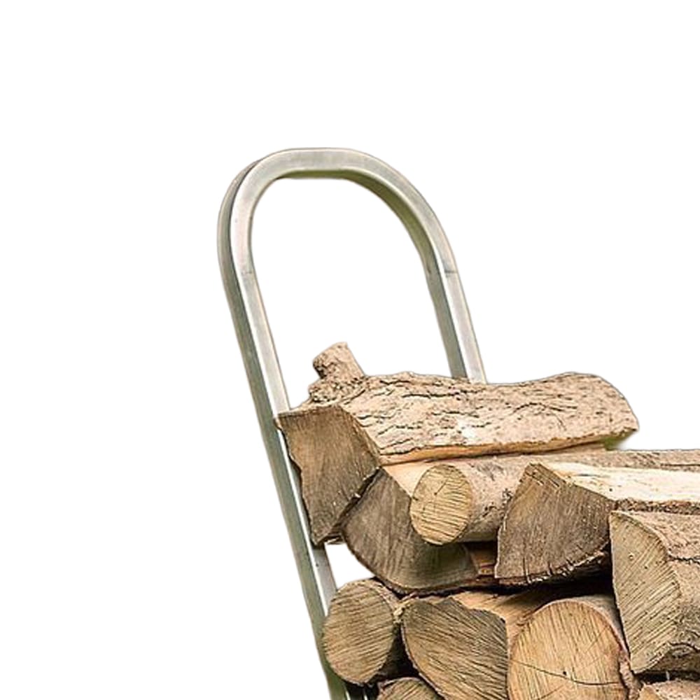 Lightweight Amish craftsmanship wood cart with aluminum frame loaded with split firewood, designed for easy wood hauling through rough terrain, part of USA Made collections.