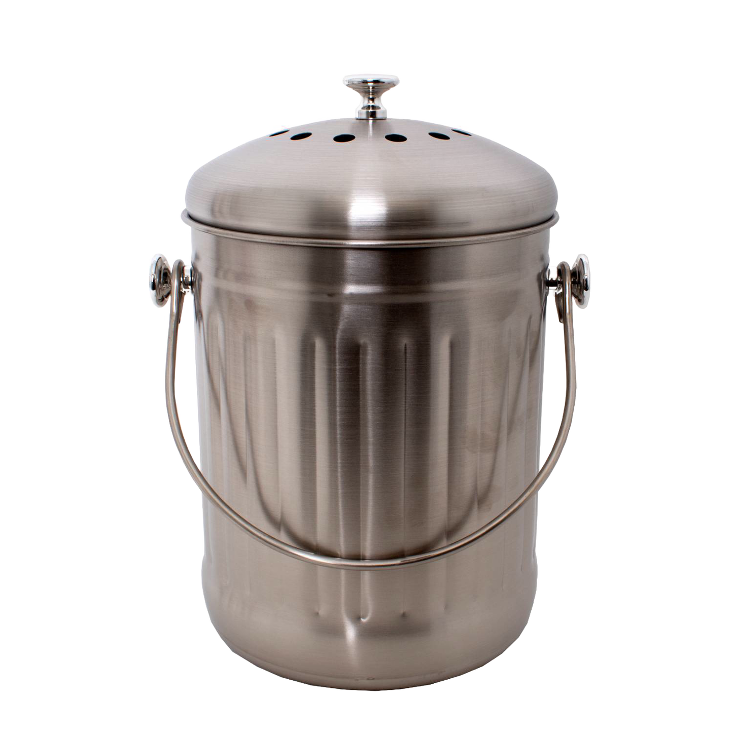 Brushed stainless steel compost pail with perforated lid and sturdy handle, designed for odor control and countertop use, perfect for kitchen gadgets and composting collections.