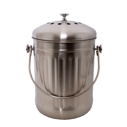 Brushed stainless steel compost pail with perforated lid and sturdy handle, designed for odor control and countertop use, perfect for kitchen gadgets and composting collections.