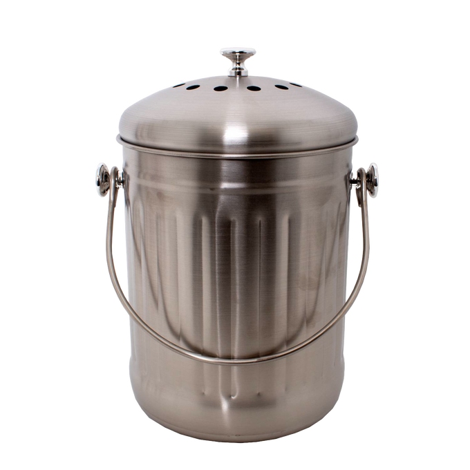Brushed stainless steel compost pail with perforated lid and sturdy handle, designed for odor control and countertop use, perfect for kitchen gadgets and composting collections.