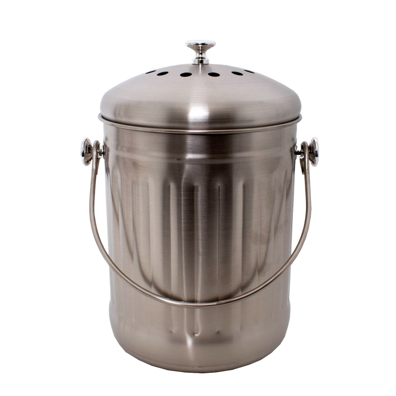 Brushed stainless steel compost pail with perforated lid and sturdy handle, designed for odor control and countertop use, perfect for kitchen gadgets and composting collections.