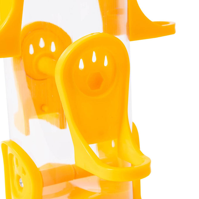 Close-up of a handcrafted yellow feeding port on a 15-inch poly tube finch feeder designed to keep seeds dry, part of Farm, Garden & Tool, Animal Care, and Garden Accessories collections.