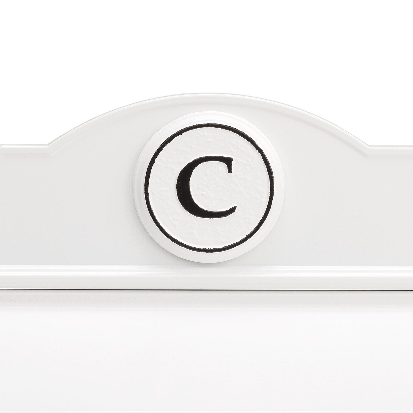 Close-up of a handcrafted white and black personalized monogram "C" on a custom wall mount mailbox, highlighting quality craftsmanship in Home & Decor and USA Made collections.