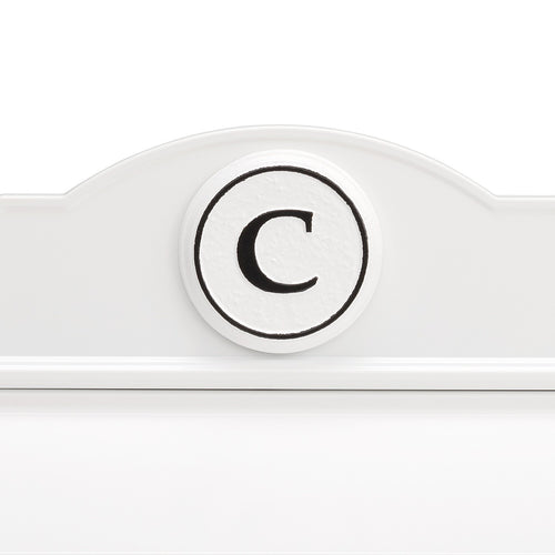 Close-up of a handcrafted white and black personalized monogram "C" on a custom wall mount mailbox, highlighting quality craftsmanship in Home & Decor and USA Made collections.