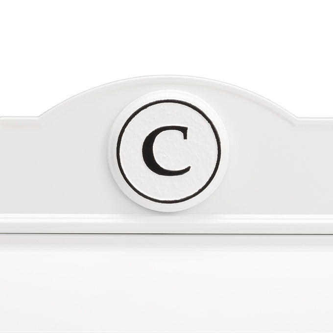 Close-up of a handcrafted white and black personalized monogram "C" on a custom wall mount mailbox, highlighting quality craftsmanship in Home & Decor and USA Made collections.