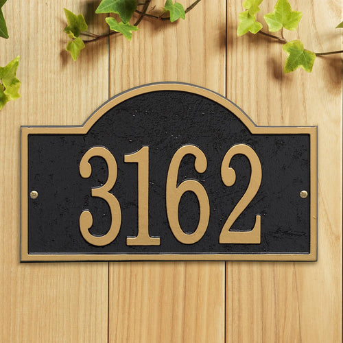 Handcrafted black and gold arched rectangular address sign with raised numbers, designed to add curb appeal and style to your home, featured in Home & Decor, Household Helpers, Mailboxes and Address Signs, USA Made, Best Sellers, and Promo Eligible collections.