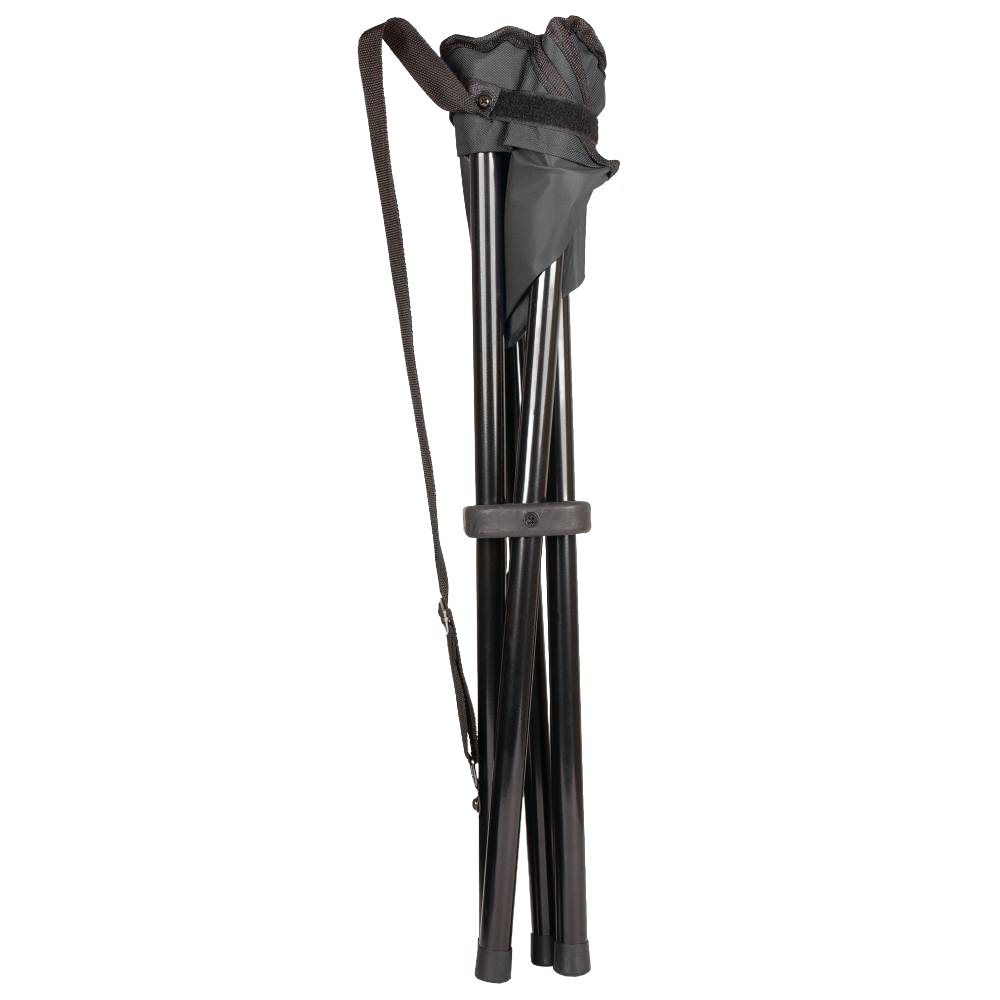 Folded lightweight four-legged camping stool with black metal frame and fabric seat, featuring a shoulder strap for easy carrying, suitable for Farm, Garden & Tool, Camping, and Best Sellers collections.