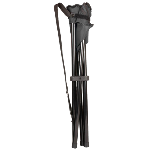 Folded lightweight four-legged camping stool with black metal frame and fabric seat, featuring a shoulder strap for easy carrying, suitable for Farm, Garden & Tool, Camping, and Best Sellers collections.