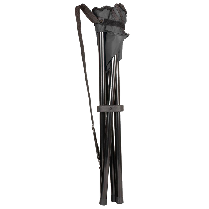 Folded lightweight four-legged camping stool with black metal frame and fabric seat, featuring a shoulder strap for easy carrying, suitable for Farm, Garden & Tool, Camping, and Best Sellers collections.