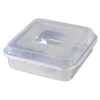 Square aluminum baking pan with encapsulated galvanized steel rims to prevent warping, featuring a clear plastic lid, crafted in the USA for Kitchen & Food and Baking Supplies collections.