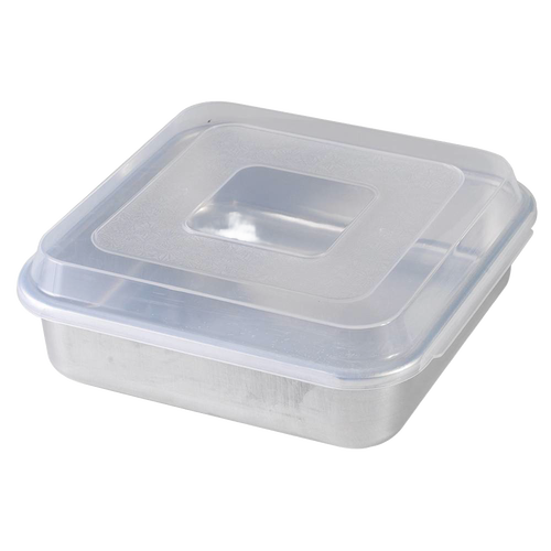 Square aluminum baking pan with encapsulated galvanized steel rims to prevent warping, featuring a clear plastic lid, crafted in the USA for Kitchen & Food and Baking Supplies collections.