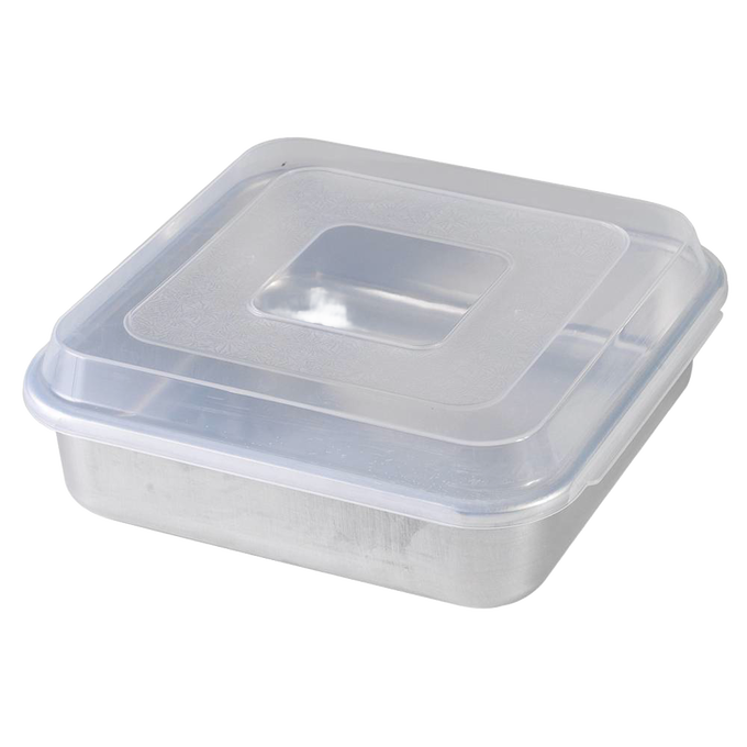 Square aluminum baking pan with encapsulated galvanized steel rims to prevent warping, featuring a clear plastic lid, crafted in the USA for Kitchen & Food and Baking Supplies collections.