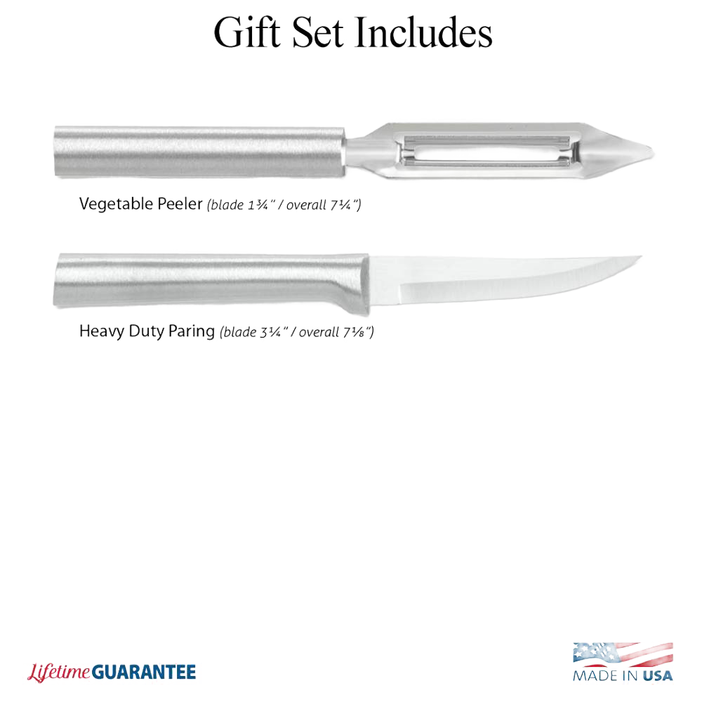 Two-piece kitchen set featuring a heavy-duty paring knife with a sharp curved blade and a vegetable peeler with a stainless steel handle, designed for efficient food preparation, made in USA.