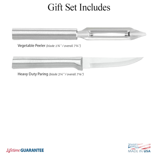 Two-piece kitchen set featuring a heavy-duty paring knife with a sharp curved blade and a vegetable peeler with a stainless steel handle, designed for efficient food preparation, made in USA.