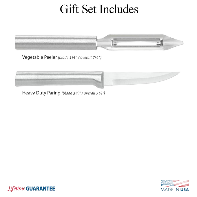 Two-piece kitchen set featuring a heavy-duty paring knife with a sharp curved blade and a vegetable peeler with a stainless steel handle, designed for efficient food preparation, made in USA.