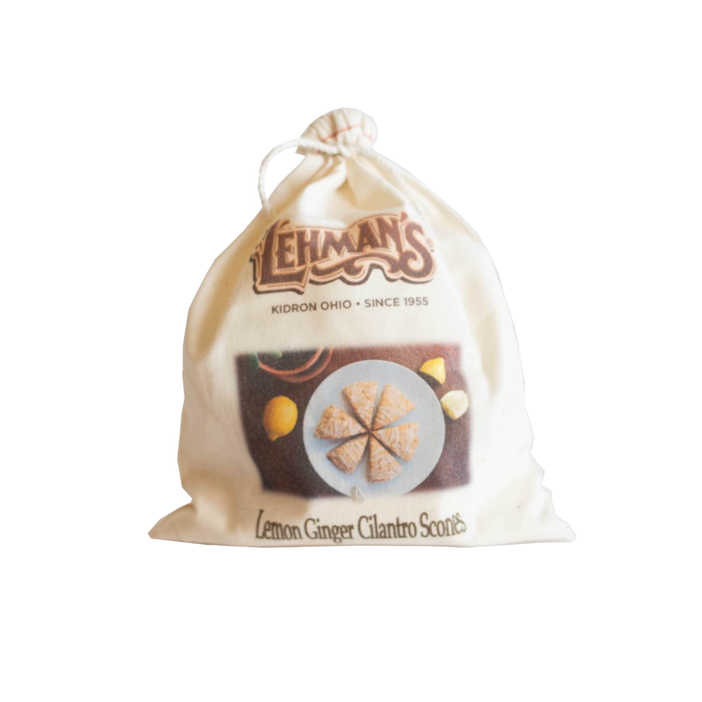 Natural cotton drawstring bag featuring handcrafted lemon ginger cilantro scone mix with an illustrated serving suggestion, perfect for Kitchen & Food, Pantry, Dry Goods and Mixes, Best Sellers, and Promo Eligible collections.