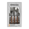 5-piece camping cutlery set with wooden handles featuring engraved designs, including fork, knife, tablespoon, and teaspoon, ideal for outdoor meals in Camping and Kitchen & Food collections.