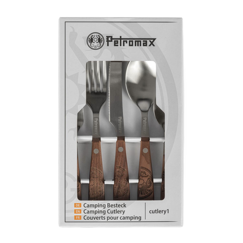 5-piece camping cutlery set with wooden handles featuring engraved designs, including fork, knife, tablespoon, and teaspoon, ideal for outdoor meals in Camping and Kitchen & Food collections.