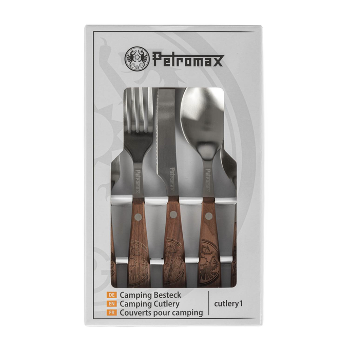 5-piece camping cutlery set with wooden handles featuring engraved designs, including fork, knife, tablespoon, and teaspoon, ideal for outdoor meals in Camping and Kitchen & Food collections.
