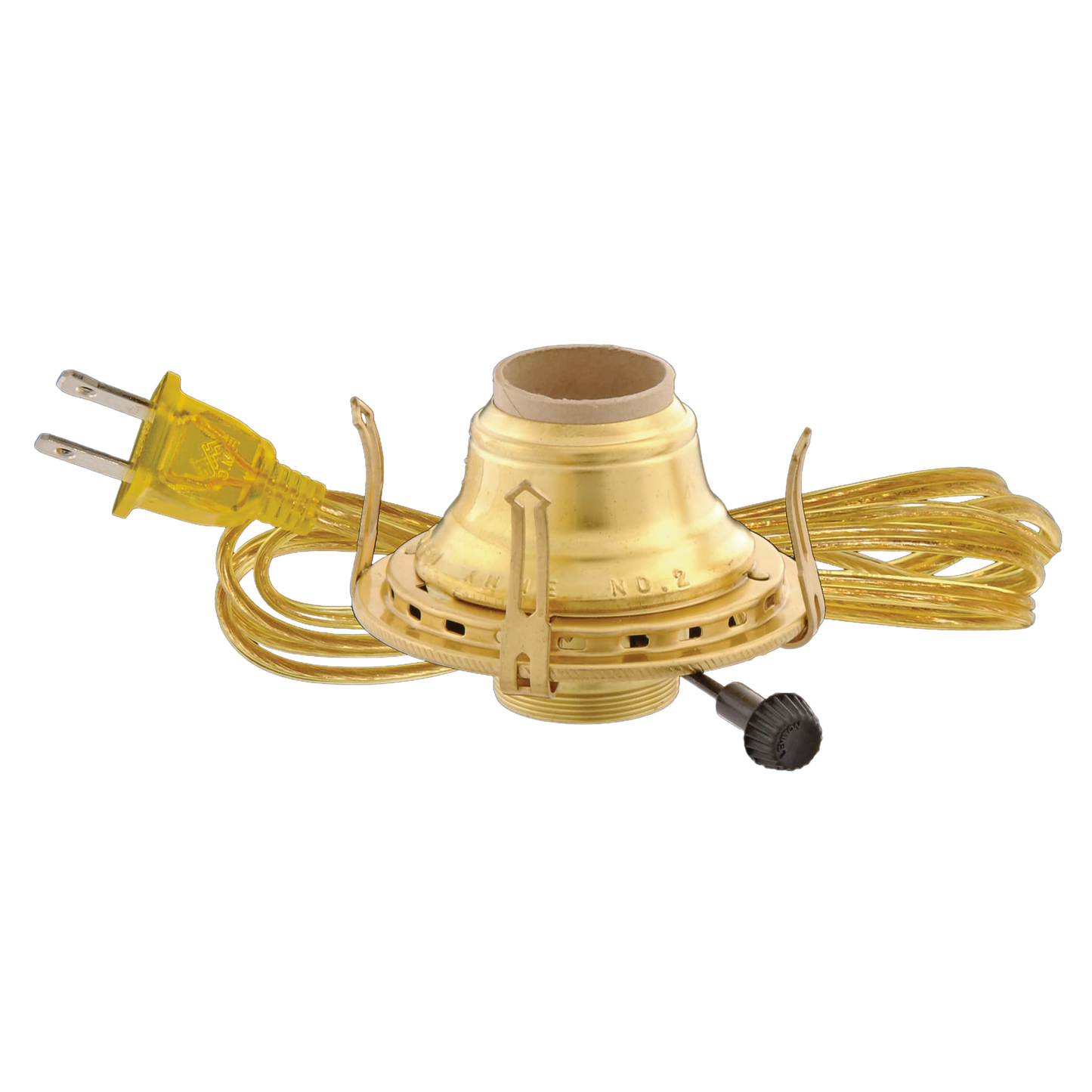 Solid brass electrified burner with threaded base for 3-inch chimneys, featuring UL listed arrow-shaped prongs and 6-foot clear gold cord, part of Lamps & Lighting, Electric Conversion, and Best Sellers collections.