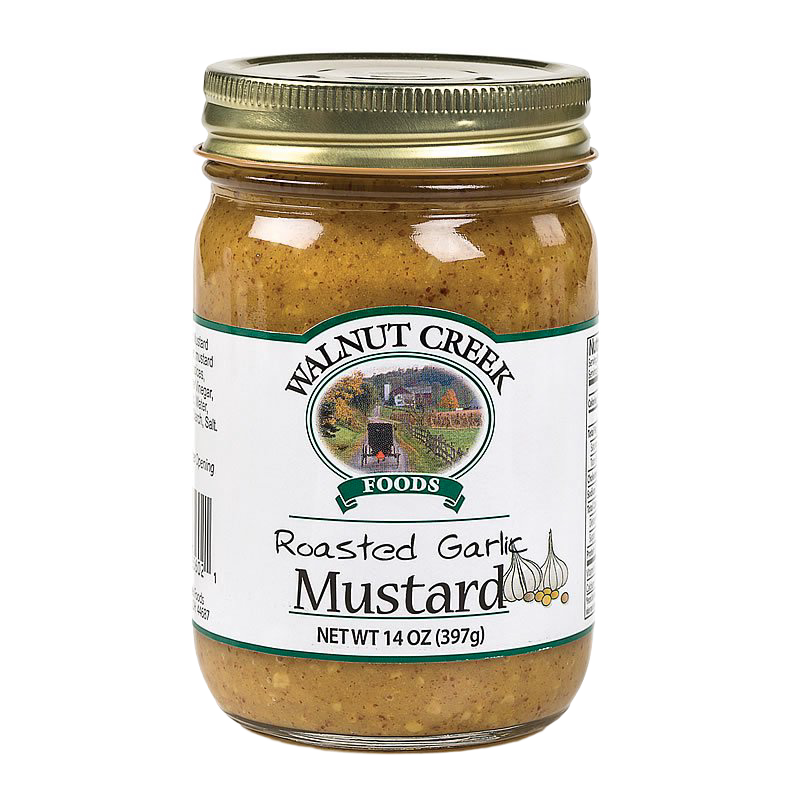 Glass jar of handcrafted roasted garlic mustard with vintage-style label and gold metal lid, made in USA, ideal for Kitchen & Food, Food, Pantry, USA Made, Best Sellers, Promo Eligible collections.